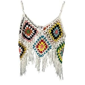 India Boutique Women's Colorful White Cropped Crochet Tank Top Boho Hippie Beach